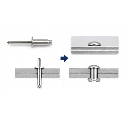1 x Blindniete Aluminio Vástago acero 2,4 x 6 Klemmdicke 2 für 4 Standard-Rundkopf ALX