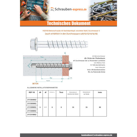 1 x Betonschraube Sechskantkopf Kreuzschlitz mit Flansch T8 5x40 Verzinkt