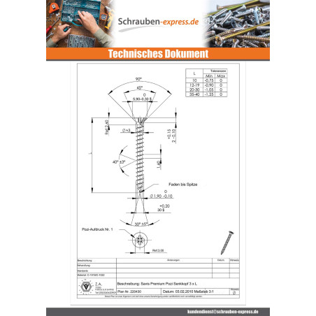 1 x Spanplattenschrauben Premium Senkkopfschraube Pozi N°1 3x20 Verzinkt Mikroschrauben