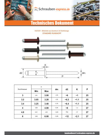 1 x Blindniete Aluminio Vástago acero 3x8...