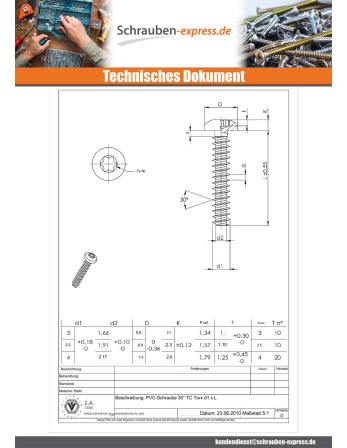 1 x Schraube PVC Zylindrischer Flachkopf T20...