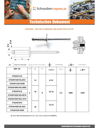 1 x Blindniete Aluminio Vástago acero 4x30...