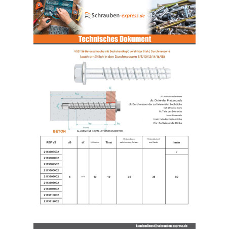 1 x Betonschraube Sechskantkopf Kreuzschlitz mit Flansch T10 6x40 Verzinkt
