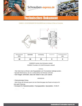 1 x Dübel Nylon Frühling 8x40 Mit Schraube 3,5...