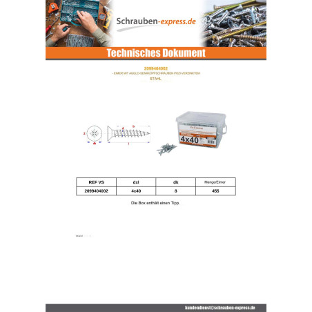 1 x Eimer Von 455 Spanplattenschraube 4X40 Senkkopf Pozi 2 Verzinkt