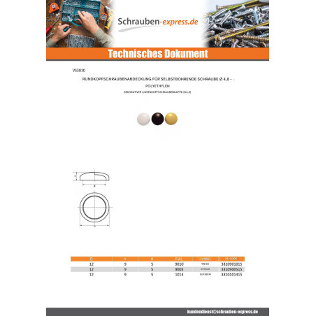 1 x Abdekkappe Zylindrischer Halbrundkopf Schraube Durchmesser ST4.8 Polyethylen RAL9010 reinweiß