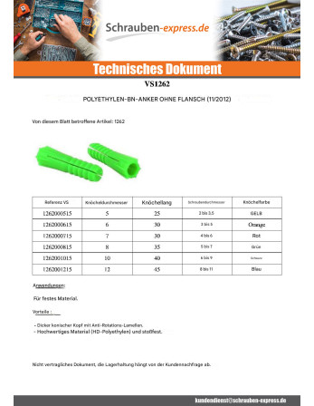 1 x Dübel Polyethylen BN7 Ohne Kreuzschlitz