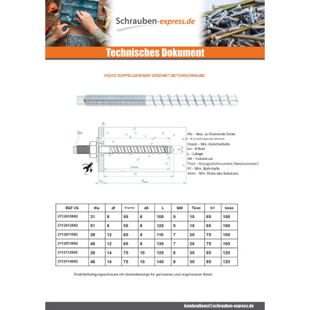 1 x Betonschraube Doppelt gewing T5 6X120 M8 Verzinkt