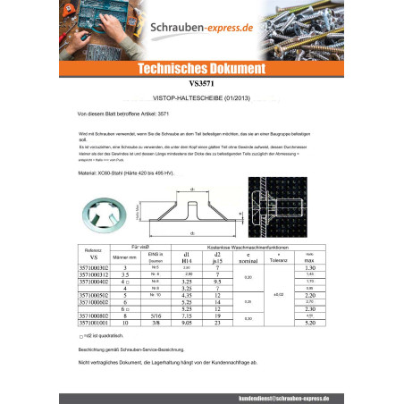 1 x Scheiben/Unterlegscheibe ZURÜCKBEHALTUNG VISTOP 8 REF91080132 Verzinkt
