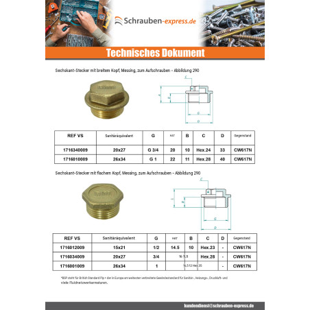1 x Stecker (männlich) Abbildung 290 26x34 (1") Vierkantkopf mit Bleisiegel Messing