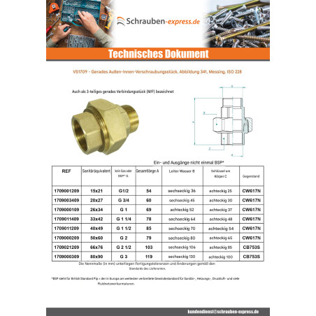 1 x Gerade Verschraubung 15x21 (1/2") Männlich weiblich Messing Abbildung 341