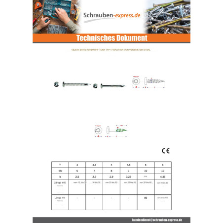 1 x Spanplattenschrauben TEKOR Rundkopf T30 6x80 Teilgewinde cut Bohrspitze mit Typ 17 Spitze Verzinkt