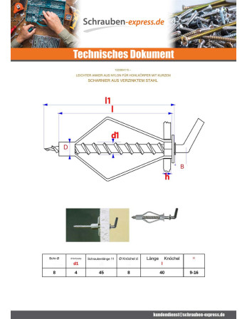 1 x Dübel Nylon 8x40 Mit Haken KURZ...