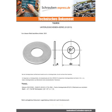 1 x Scheiben/Unterlegscheibe Flach M8x27x1,5 TOL Verzinkt