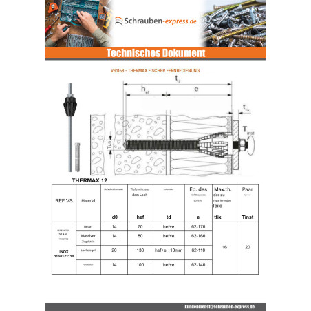 1 x Distanzmontage THERMAX Fischer 12/110 M12 Edelstahl A4