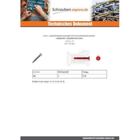 1 x Selbstbohrende Schrauben PVC Metalle Senkkopfschraube Phillips 2 4x16 Verzinkt