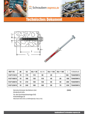 1 x Dübel DUOXPANF Sechskantkopf 10x230 Fischer...