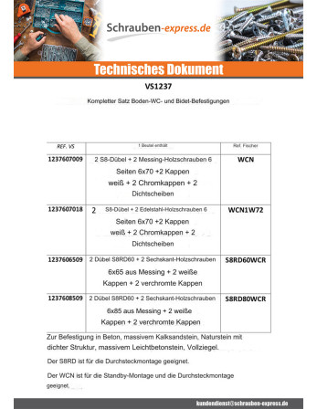1 x KIT Befestigung WC Schraube Messing 6X70...