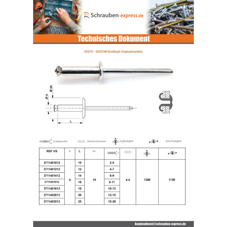 1 x Nieten geschält GOSTAR Aluminium Stahlgewinde Breiter Kopf 4x16 Blau