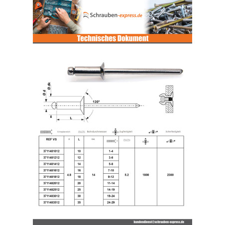 1 x Nieten geschält GOSTAR Aluminium Stahlgewinde Breiter Kopf 4x16 Blau