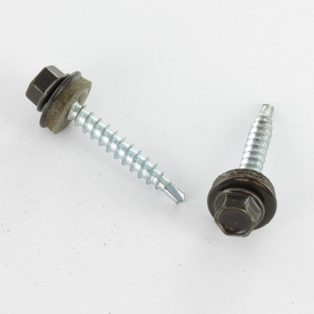 1 x Selbstbohrende Schrauben Sechskantkopf 4,8 x 35 Scheibe mit EPDM Neopren-Dichtung Verzinkt RAL8019 graubraun