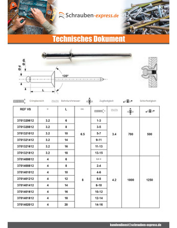 1 x Blindniete Aluminio Vástago acero 4,8 x 25...