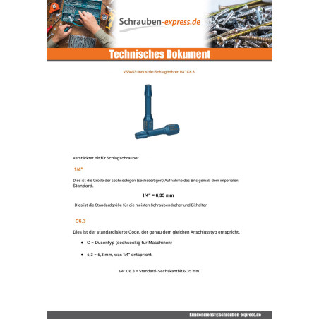 1 x Biteinsatz AUSWIRKUNGEN Industrielle Qualität 1/4" C6.3 T30 Länge 30