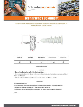 1 x Dübel Nylon SELBSTBOHRMASCHINE PLATTE GIPS...