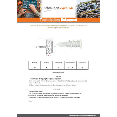 1 x Dübel Nylon SELBSTBOHRMASCHINE PLATTE GIPS 13x32