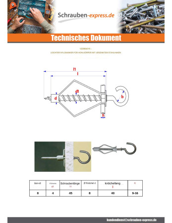 1 x Dübel Nylon 8x40 Mit Haken mit flansch 4x45