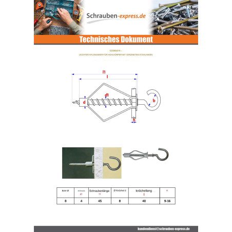 1 x Dübel Nylon 8x40 Mit Haken mit flansch 4x45