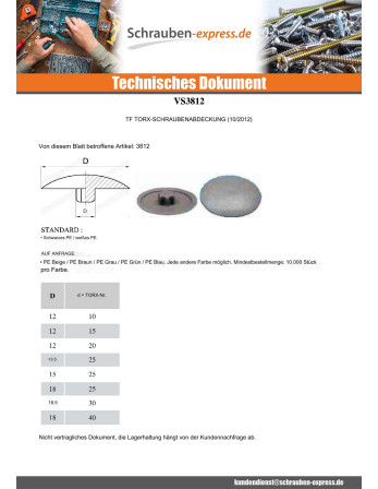 1 x Schraubenkopfabdeckung T20 Kopf-Durchmesser...