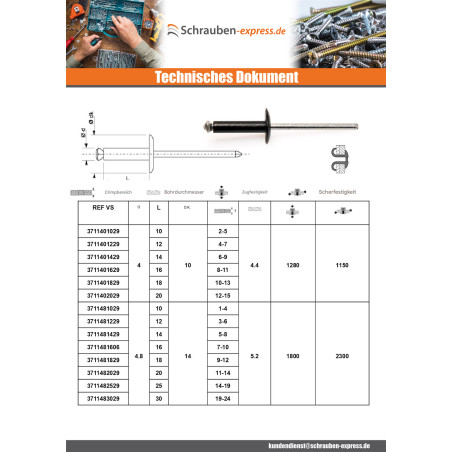 1 x Nieten geschält GOSTAR Aluminium Stahlgewinde 4,8 x 10