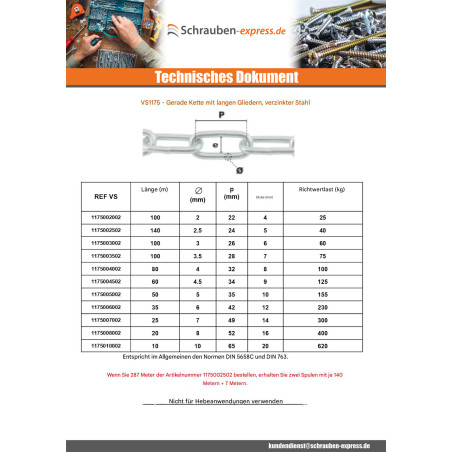 1 x M Kette Gerade mit Langgliedern 2 mm (Meterware) Verzinkt