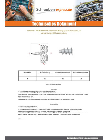 1 x Dübel Nylon Für gipsplatte 13x22