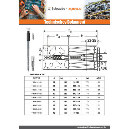 1 x Distanzmontage THERMAX Fischer 10/180 M10 Verzinkt