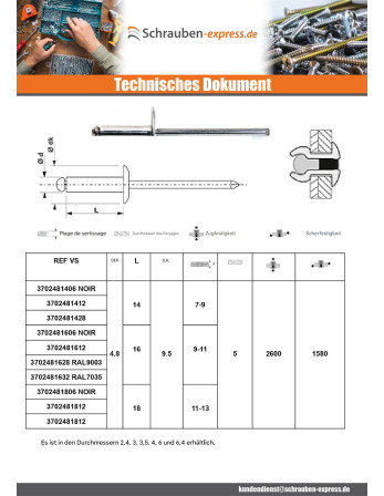 1 x Blindniete Aluminio Vástago acero 4,8 x 18...