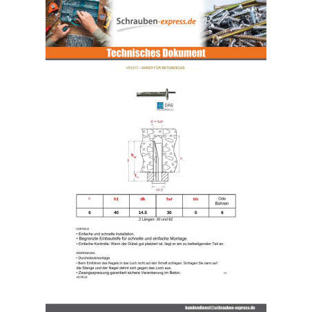 1 x Dübel Für DECKE Beton 6X35