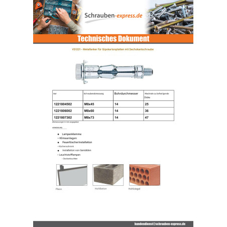 1 x Metalldübel für Gipskarton Mit Metallschrauben Sechskantkopf M8X73 Verzinkt