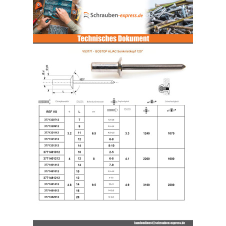 1 x Niet Wasserdicht GOSTOP Aluminium Stahlgewinde Senkkopfschraube 3,2 x 11