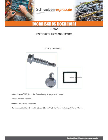1 x FASTOVIS Sechskantkopf 6,3 x 105 Verzinkt