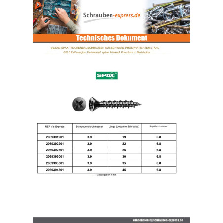 1 x Schraube für Gipsplatte Spax 3,9X35 Metallphosphat GIX-C