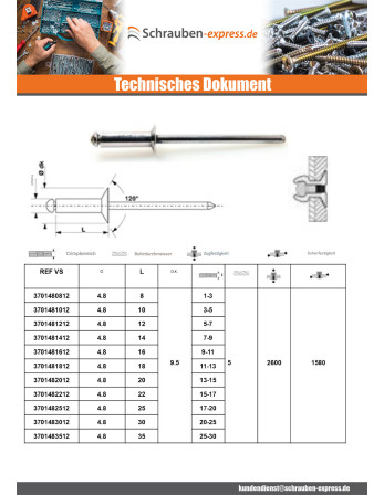 1 x Blindniete Aluminio Vástago acero 3,2 x 6...