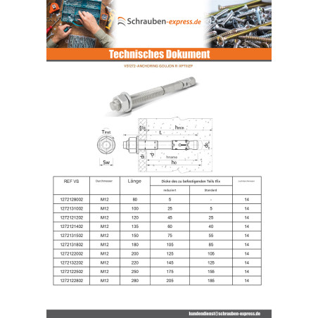 1 x Dübel BOZELENANKER R-XPTIIIZP M12X80 Verzinkt RAWLPLUG