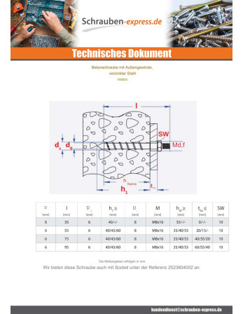 1 x Betonschraube Kopf GEWINDE MÄNNLICH 6X75...
