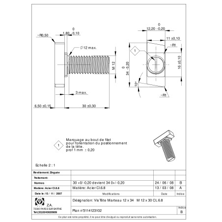 1 x Metallschrauben Hammerkopf M12/30 12x34 Klasse 6.8 Verzinkt
