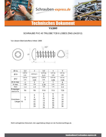 1 x Schraube PVC TRILOBE Zylindrischer...