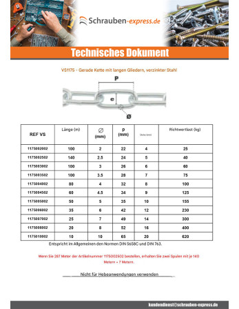 1 x M Kette Gerade mit Langgliedern 3 mm...
