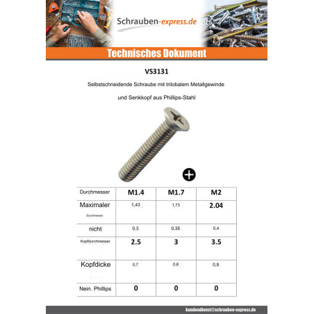 1 x Gewindefurchende Schraube Gewinde Metalle Senkkopfschraube Phillips Verzinkt 1,4 x 6 Mikroschrauben