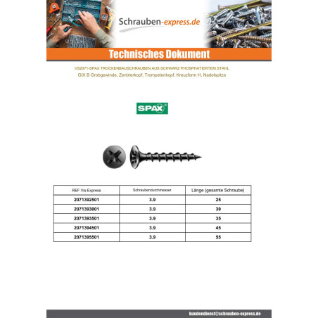 1 x Schraube für Gipsplatte Spax 3,9X55 Metallphosphat GIX B